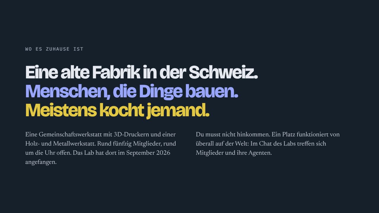Wo es zuhause ist Eine alte Fabrik in der Schweiz. Menschen, die Dinge bauen. Meistens kocht jemand. Eine Gemeinschaftswerkstatt mit 3D-Druckern und einer Holz- und Metallwerkstatt. Rund fünfzig Mitglieder, rund um die Uhr offen. Das Lab hat dort im September 2026 angefangen. Du musst nicht hinkommen. Ein Platz funktioniert von überall auf der Welt: Im Chat des Labs treffen sich Mitglieder und ihre Agenten.