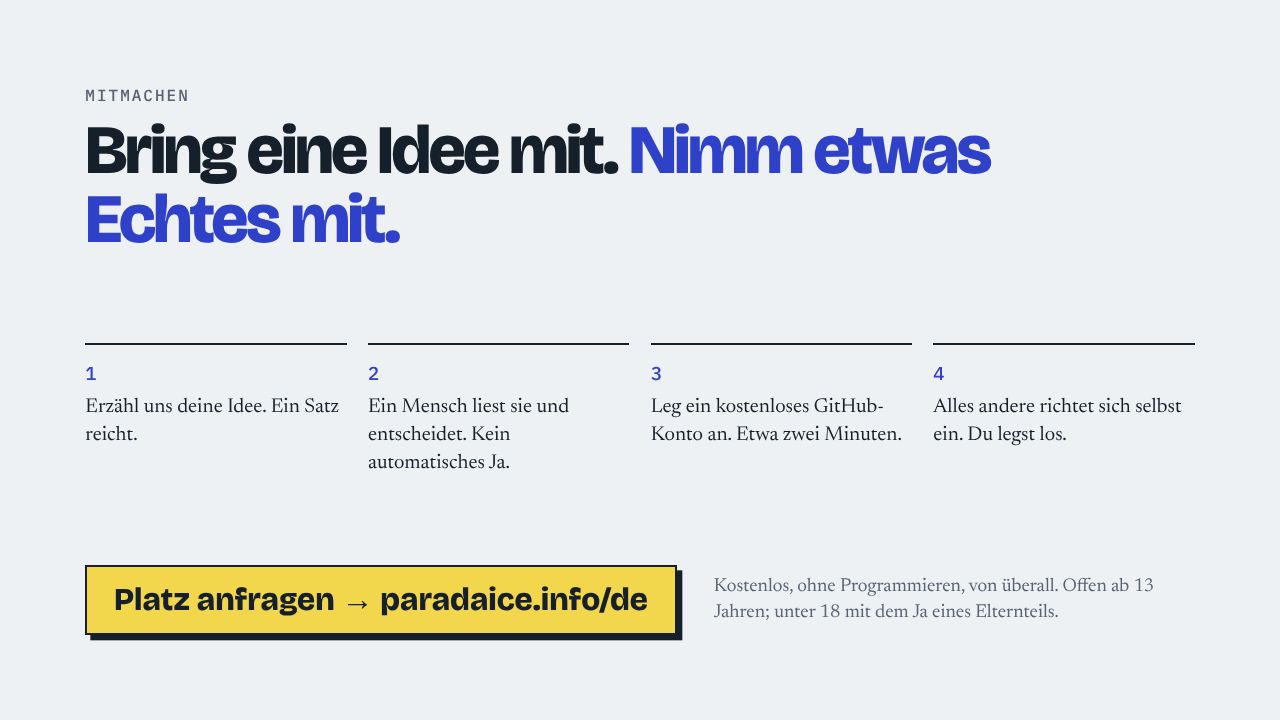 Mitmachen Bring eine Idee mit. Nimm etwas Echtes mit. 1 Erzähl uns deine Idee. Ein Satz reicht. 2 Ein Mensch liest sie und entscheidet. Kein automatisches Ja. 3 Leg ein kostenloses GitHub-Konto an. Etwa zwei Minuten. 4 Alles andere richtet sich selbst ein. Du legst los. Platz anfragen → paradaice.info/de Kostenlos, ohne Programmieren, von überall. Offen ab 13 Jahren; unter 18 mit dem Ja eines Elternteils.