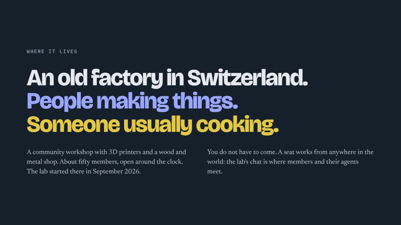 Where it lives An old factory in Switzerland. People making things. Someone usually cooking. A community workshop with 3D printers and a wood and metal shop. About fifty members, open around the clock. The lab started there in September 2026. You do not have to come. A seat works from anywhere in the world: the lab's chat is where members and their agents meet.